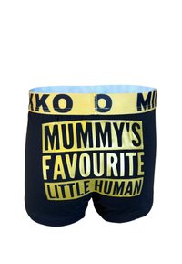 Mustat puuvillaboksereita, joissa on keltainen joustava vyötärö ja rohkeat kultateksit, joissa lukee "ÄIDIN SUOSIKKI PICCOLOI."