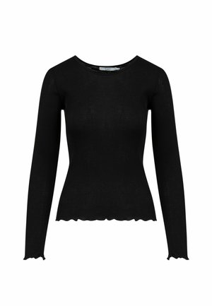 Czarna prążkowana koszula z długim rękawem, zakończona falistymi krawędziami na dole i mankietach, z okrągłym dekoltem i dopasowanym krojem.