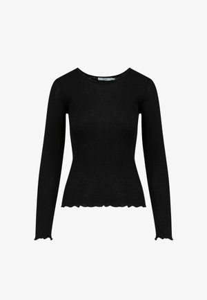 Chemise noire à manches longues côtelées avec bords festonnés sur l'ourlet et les poignets, encolure ronde et silhouette ajustée.