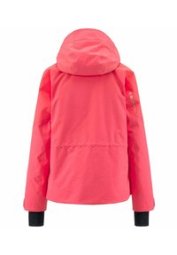 Giacca impermeabile rosa brillante con cappuccio, maniche lunghe, accenti neri ai polsini e una texture liscia. Presenta un logo sulla manica.
