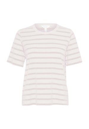 Tricou cu dungi într-o nuanță deschisă de lavandă și alb. Mâneci scurte, guler rotund, material de bumbac moale, cu dungi orizontale uniform dispuse.