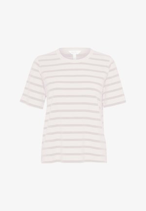 T-shirt a righe in lilla chiaro e bianco. Maniche corte, collo tondo, materiale in cotone morbido, con righe orizzontali equidistanti.