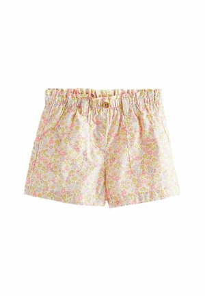 Shorts pour enfants à taille élastique avec motif floral pastel rose, jaune et vert et un seul bouton en bois au centre devant.
