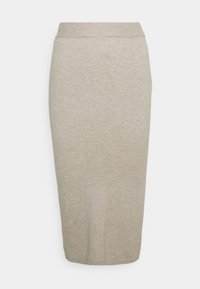 Pletená tužková sukně ve světle béžové barvě s přiléhavým střihem, elastickým pasem a hladkou texturou. Vhodná pro různé příležitosti.