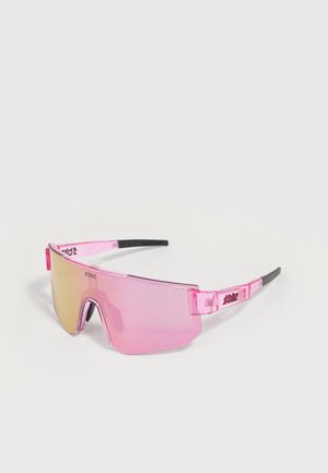 Occhiali da sole sportivi rosa con unica lente a scudo, estremità delle aste nere e logo "bliz" sul lato.