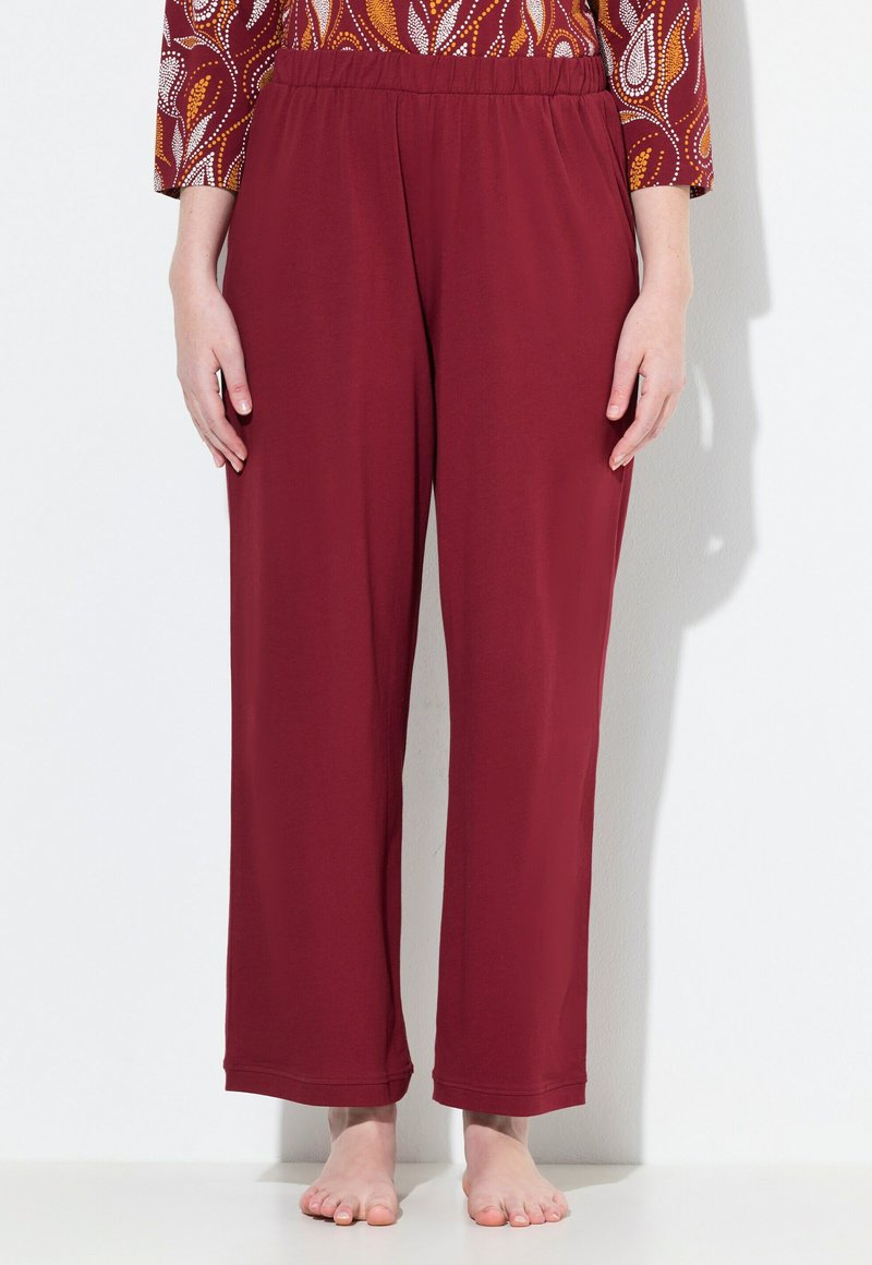 Bordeaux wijde broek van zachte stof met een elastische tailleband, ontworpen voor comfort; heeft een losse pasvorm en een eenvoudige zoom.
