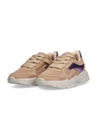 Beige sneakers with mesh and synthetic accents, featuring a metallic purple side panel, round toe, and thick white sole, tied with beige laces.