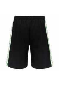 Schwarze Sportshorts mit elastischem Bund und weißen Seitenpanelen, die wiederholte gelbe und grüne Logomuster zeigen.