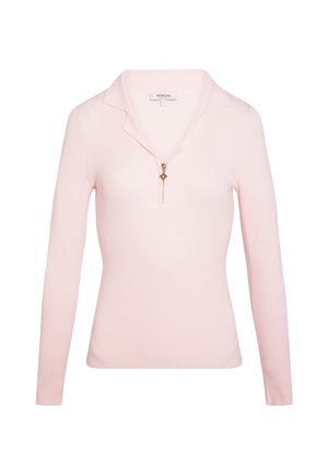 Lyserød ribstrikket langærmet top med krave og kort lynlås foran, størrelse small, fra Morgan mærke.