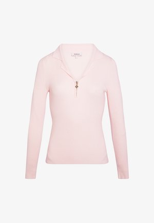 Lyserød ribstrikket langærmet top med krave og kort lynlås foran, størrelse small, fra Morgan mærke.