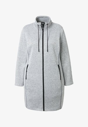 Lange antracietgrijze jas met ritssluiting, hoge kraag, zwarte ritssluiting, trekkoord en ritszakken aan de zijkant, ontworpen voor koud weer.