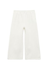 Witte geweven broek met wijde pijpen en een elastische tailleband. Textuurstof, geen zakken of zichtbare sluitingen, eenvoudig en minimalistisch ontwerp.