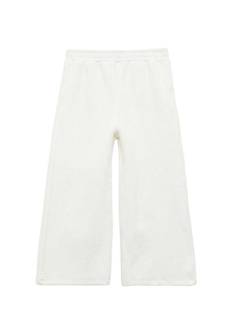 Witte geweven broek met wijde pijpen en een elastische tailleband. Textuurstof, geen zakken of zichtbare sluitingen, eenvoudig en minimalistisch ontwerp.