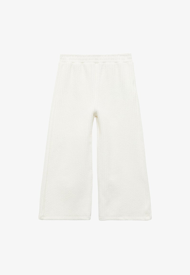 Witte geweven broek met wijde pijpen en een elastische tailleband. Textuurstof, geen zakken of zichtbare sluitingen, eenvoudig en minimalistisch ontwerp.