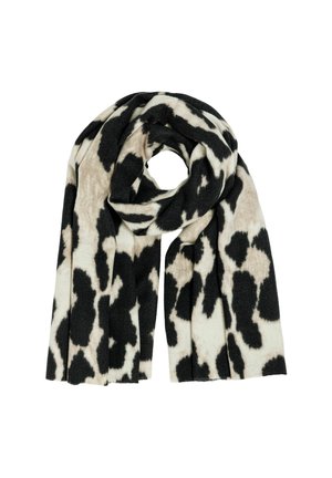 Schwarzer und beiger Kuhflecken-Schal aus weichem Stoff, mit einem geschlungenen Design und strukturierter Oberfläche für zusätzliche Wärme und Komfort.