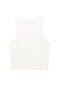 Witte mouwloze crop top van katoen, met een ronde halslijn en nette randen. De achterkant is glad zonder extra details.