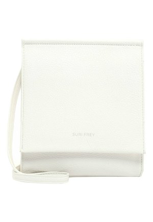 Compact white leather crossbody bag with textured surface, flap closure, and slim strap, branded "SURI FREY" on front.
