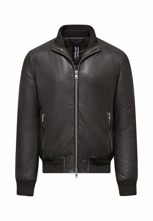 Giubbotto bomber in pelle nera con zip, colletto, polsini e parte bassa a costine, con due tasche laterali con zip e una texture liscia.