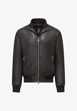 Zwarte leren bomberjack met ritsluiting, ribgebreide kraag, manchetten en zoom, voorzien van twee ritszakken aan de zijkanten en een gladde textuur.