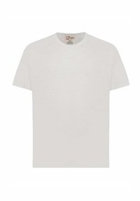 T-shirt bianco in lino con scollatura rotonda classica e maniche corte. Presenta una consistenza leggera e morbida e un design semplice.