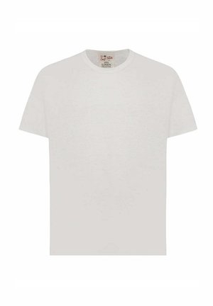 T-shirt bianco in lino con scollatura rotonda classica e maniche corte. Presenta una consistenza leggera e morbida e un design semplice.