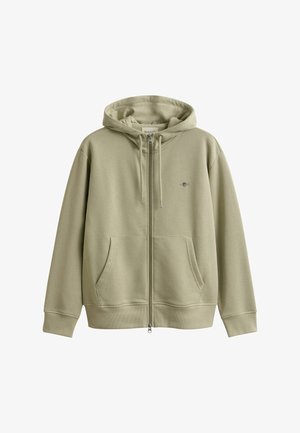 Lichtolijfgroene hoodie met ritssluiting, voorzakken, capuchon met trekkoord, geribbelde boorden en zoom, en klein geborduurd logo op de borst.