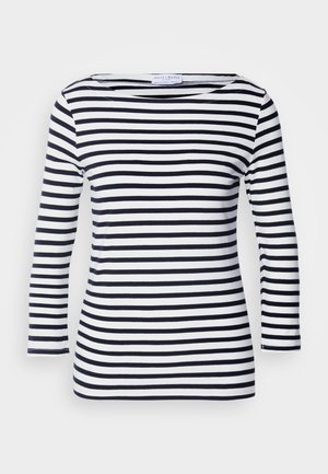 Maglietta a maniche lunghe blu navy e bianca a righe con scollatura ampia e tessuto morbido e elastico. Presenta righe orizzontali di dimensioni uniformi su tutta la superficie.