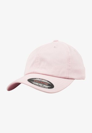 Pink baseball cap made of cotton blend, featuring a curved brim and a FlexFit logo label on the front. Smooth texture and fitted design.