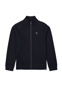 Marineblauer Reißverschluss-Sweatshirt mit hohem Kragen, geripptem Material, Raglanärmeln und kleinem Logo über der linken Brust.