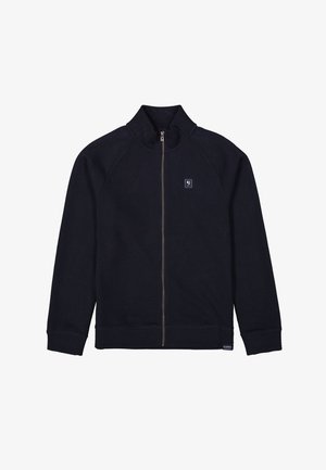 Navy zip-up sweatshirt met hoge kraag, geribbelde textuur, raglanmouwen en klein logo boven de linkerborst.