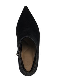 Black suede pointed-toe ankle boot with a side zipper. Interior features a cushioned insole. Smooth outer with a matte finish.