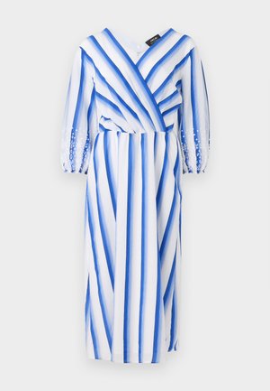 Blauw en wit gestreepte jurk met lange doorschijnende mouwen, een V-halslijn en een geraffineerde taille. Bevat bloemige borduursels op de manchetten.