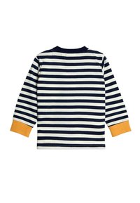 Gestreiftes Langarmhemd in Marineblau und Creme mit einem senfgelben Bündchen. Baumwollstoff, Rundhalsausschnitt, mit gleichmäßigen horizontalen Streifen.
