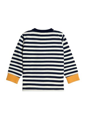 Gestreiftes Langarmhemd in Marineblau und Creme mit einem senfgelben Bündchen. Baumwollstoff, Rundhalsausschnitt, mit gleichmäßigen horizontalen Streifen.
