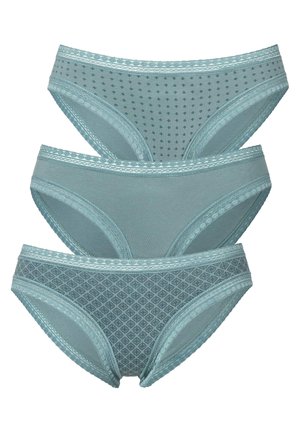 Tre paia di lingerie da donna in teal, con vari motivi: pois, un design a tinta unita e una griglia a rombi. Delicata rifinitura in pizzo.