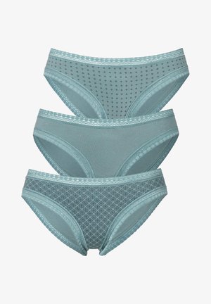 Drei Paar Damenunterwäsche in Teal, mit verschiedenen Mustern: Punkten, einem einfarbigen Design und einem Rautengitter. Zarte Spitzenabschlüsse.