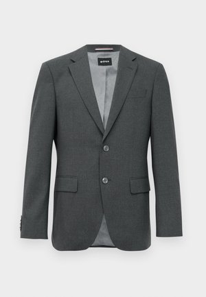 Temno siva oblikovana moška blazer jakna z ovratnimi klapnicami, dvema gumboma, žepoma s poklopcem in delno vidno notranjo oblogo.