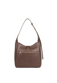 Sac à bandoulière en cuir marron avec une surface texturée, un design incurvé, une poche zippée à l'avant et une bandoulière ajustable.