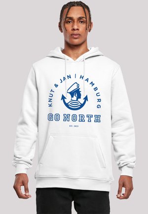 White hoodie featuring a large blue graphic with an anchor and the text "GO NORTH," with front pocket and adjustable drawstrings.
