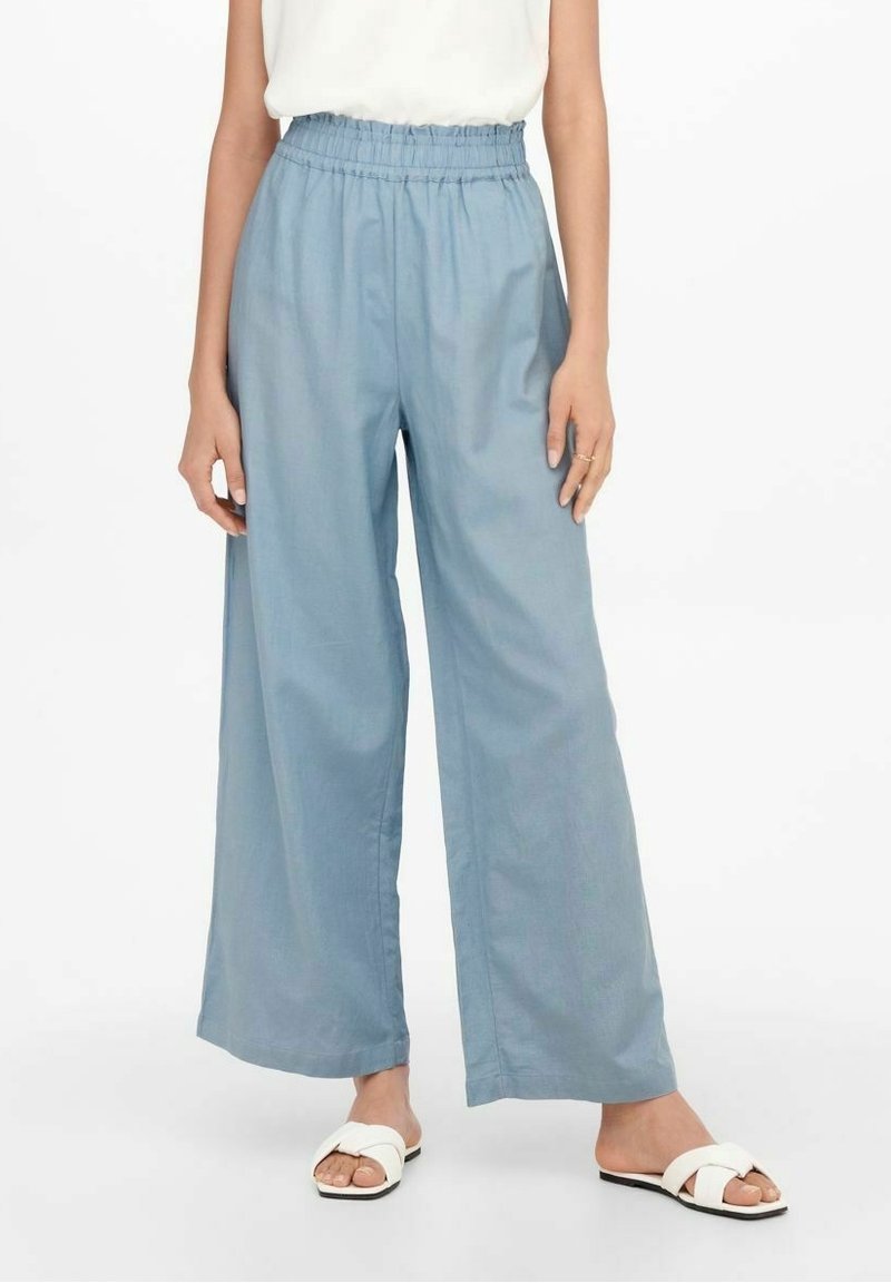 Person som bär ljusblå vida byxor med elastisk midja, vit ärmlös topp och vita öppna sandaler på en vit bakgrund.