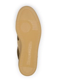 Jasnobrązowa gumowa podeszwa z teksturowanymi wzorami, zaokrąglony kształt i wytłoczone logo "Marc O'Polo". Lekko zwężone krawędzie po bokach.