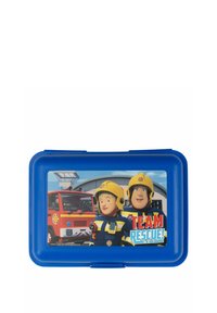 Una scatola per il pranzo blu con un grafico che mostra due personaggi animati in abbigliamento da salvataggio, sullo sfondo di un camion dei pompieri e il testo "TEAM RESCUE!"