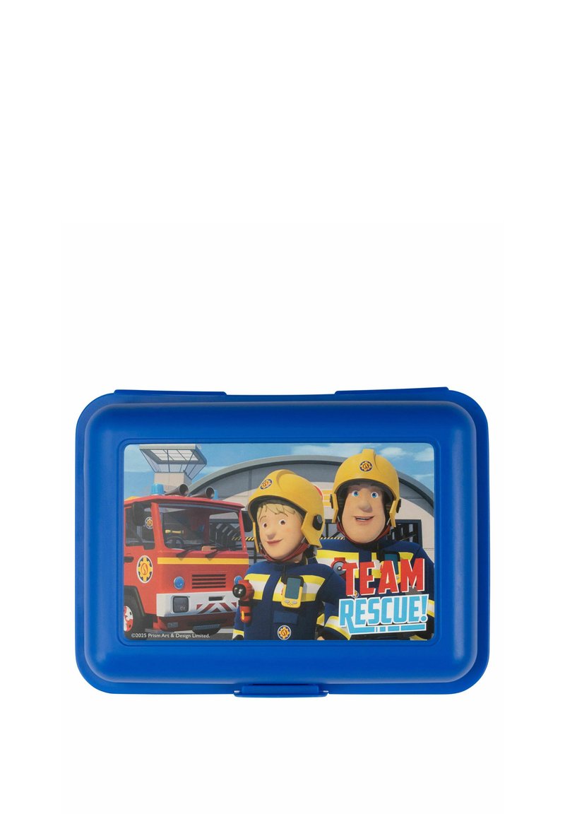 Una scatola per il pranzo blu con un grafico che mostra due personaggi animati in abbigliamento da salvataggio, sullo sfondo di un camion dei pompieri e il testo "TEAM RESCUE!"
