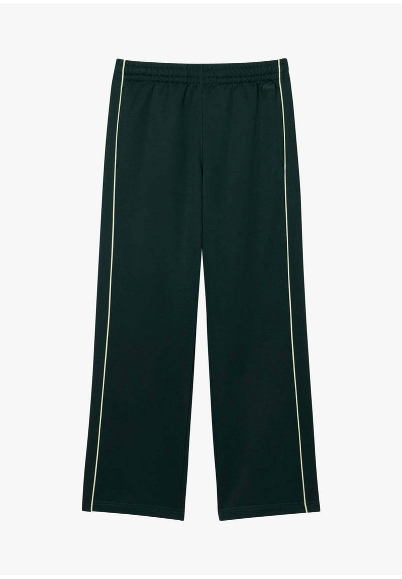 Pantaloni sportivi verde scuro dalla vestibilità rilassata, con una banda laterale contrastante di colore giallo chiaro, realizzati in materiale sintetico leggero.