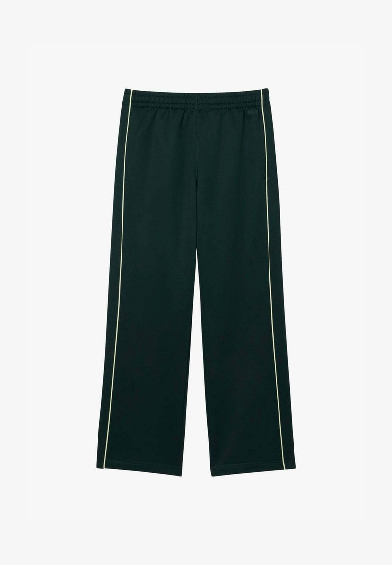 Pantaloni sportivi verde scuro dalla vestibilità rilassata, con una banda laterale contrastante di colore giallo chiaro, realizzati in materiale sintetico leggero.