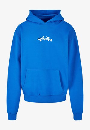 Sweatshirt à capuche bleu en coton, avec une poche avant et un logo graphique "YOUTH" en blanc et noir. Texture douce, coupe décontractée.