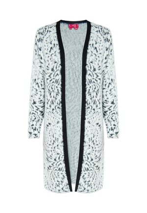 Cardigan lungo con rifiniture nere, realizzato in un morbido tessuto bianco con motivo astratto nero. Progettato con apertura frontale e maniche lunghe.