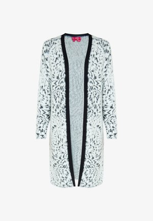 Dlouhý cardigan s černým lemem, vyrobený z měkké bílé látky s černým abstraktním vzorem. Navržený s otevřeným předním dílem a dlouhými rukávy.