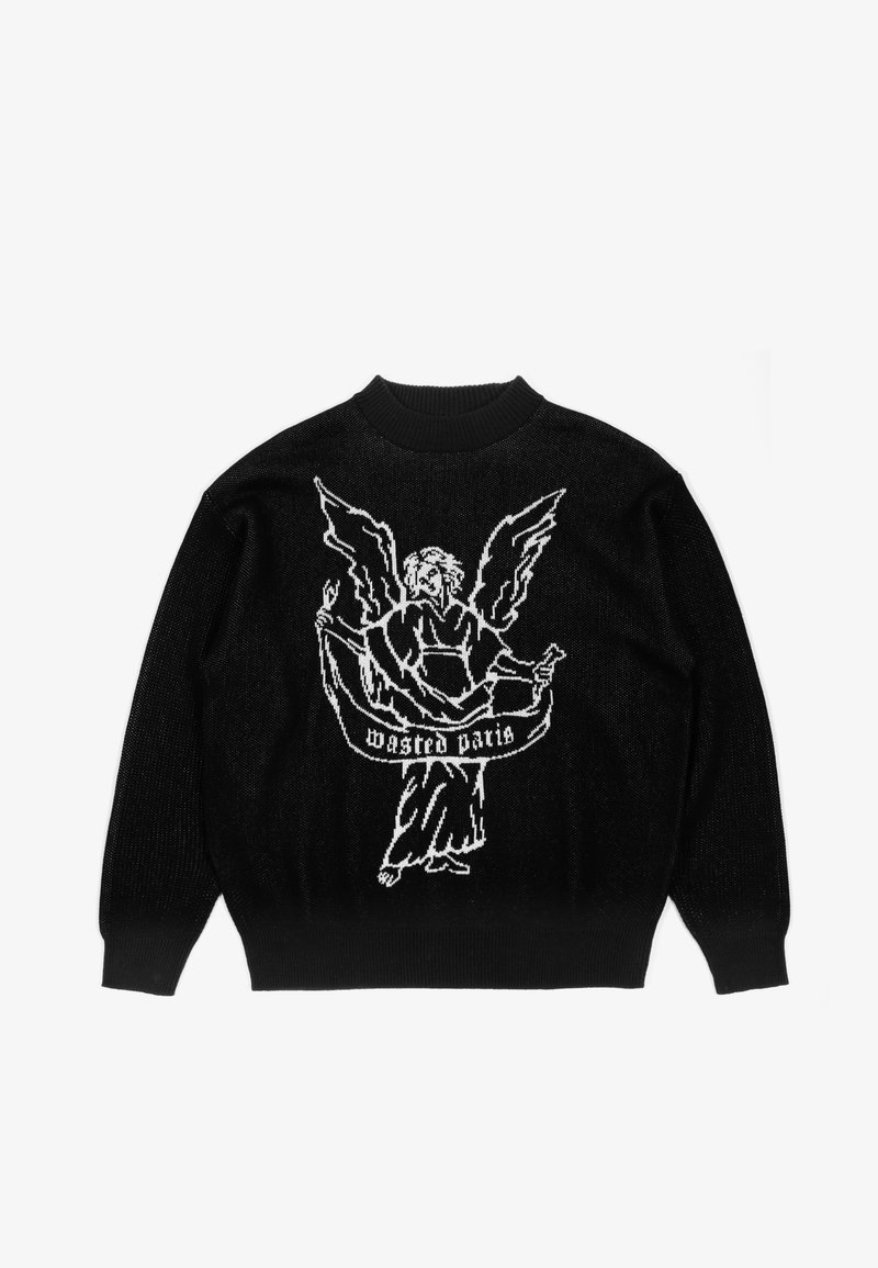 Pull en tricot noir avec un ange blanc tenant une bannière où est écrit « wasted paris » sur le devant.