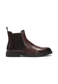 Braune Leder-Chelsea-Boots mit elastischen Seitenteilen, runder Zehenform und einem niedrigen Blockabsatz. Verfügt über eine Schlaufe auf der Rückseite für einfaches An- und Ausziehen.